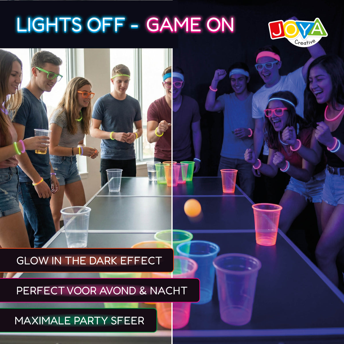 Joya Creative Set de beer pong que brilla en la oscuridad – Juego de fiesta con 22 vasos reutilizables que brillan, 88 barras luminosas y accesorios