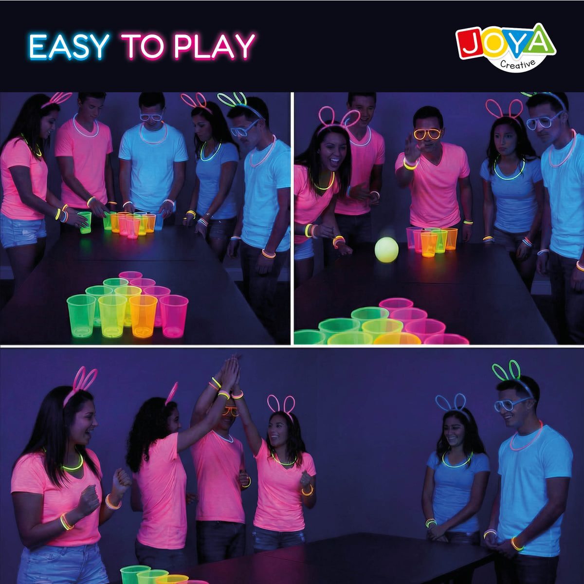 Joya Creative Set de beer pong que brilla en la oscuridad – Juego de fiesta con 22 vasos reutilizables que brillan, 88 barras luminosas y accesorios