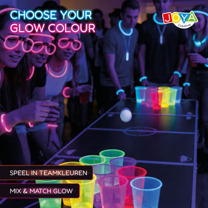 Joya Creative Set de beer pong que brilla en la oscuridad – Juego de fiesta con 22 vasos reutilizables que brillan, 88 barras luminosas y accesorios