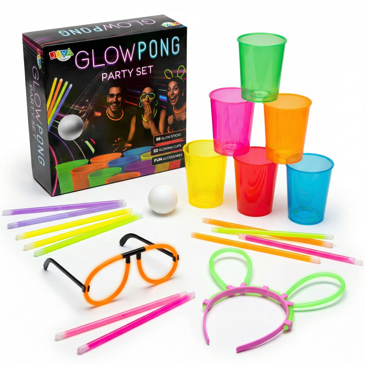 Joya Creative Set de beer pong que brilla en la oscuridad – Juego de fiesta con 22 vasos reutilizables que brillan, 88 barras luminosas y accesorios