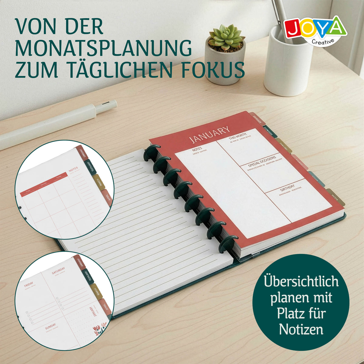 Joya Creative Luxe Planer A5 undatiert – Hardcover-Terminkalender, Ringbuch-Journal, Organizer mit Stickern und Lineal