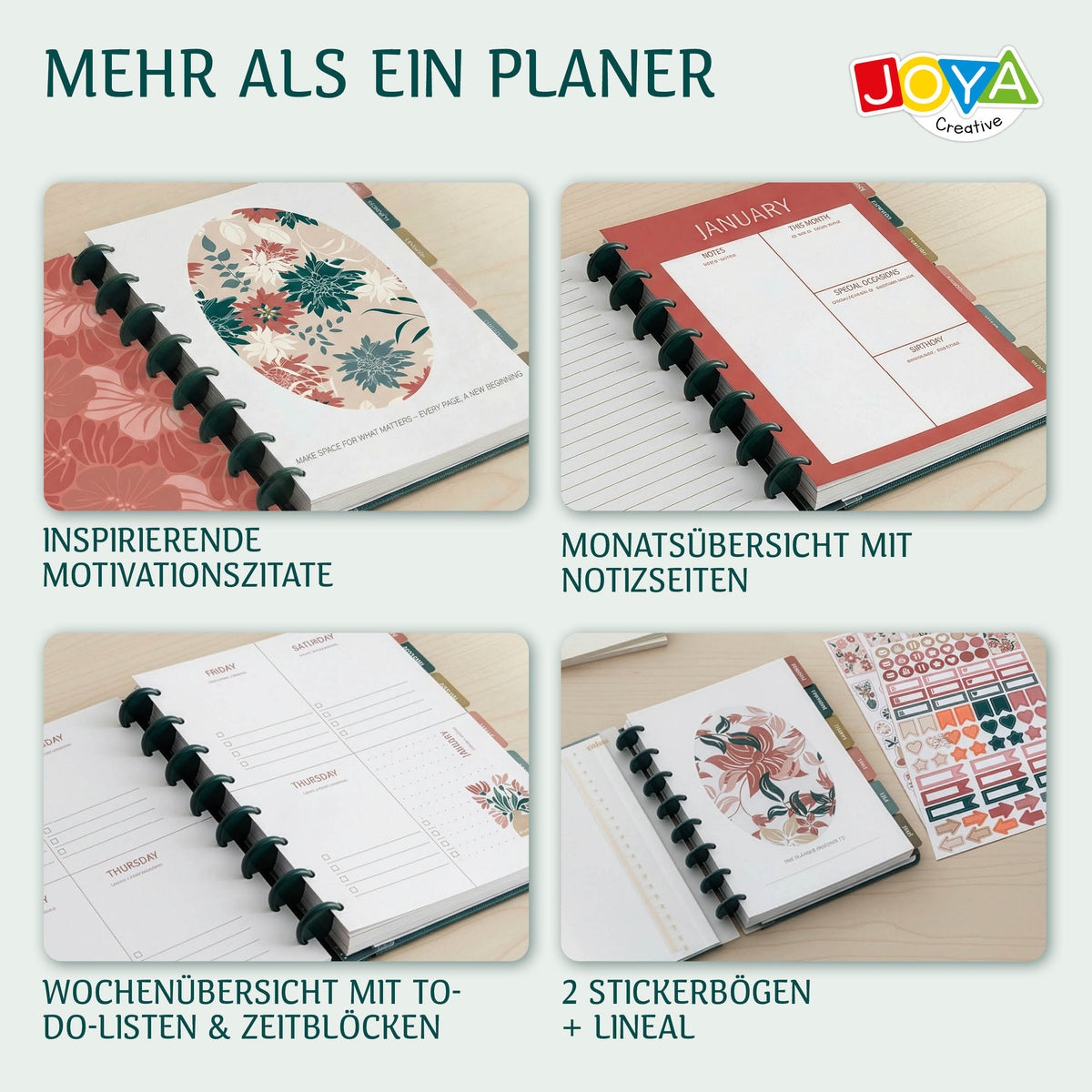 Joya Creative Luxe Planer A5 undatiert – Hardcover-Terminkalender, Ringbuch-Journal, Organizer mit Stickern und Lineal