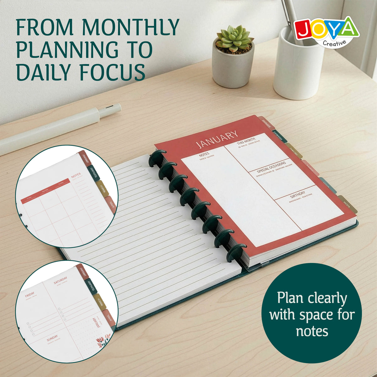 Joya Creative Luxe Planner A5 Undated – Hardcover Agenda, Ring-Bound Journal, Organizer with Stickers and Ruler