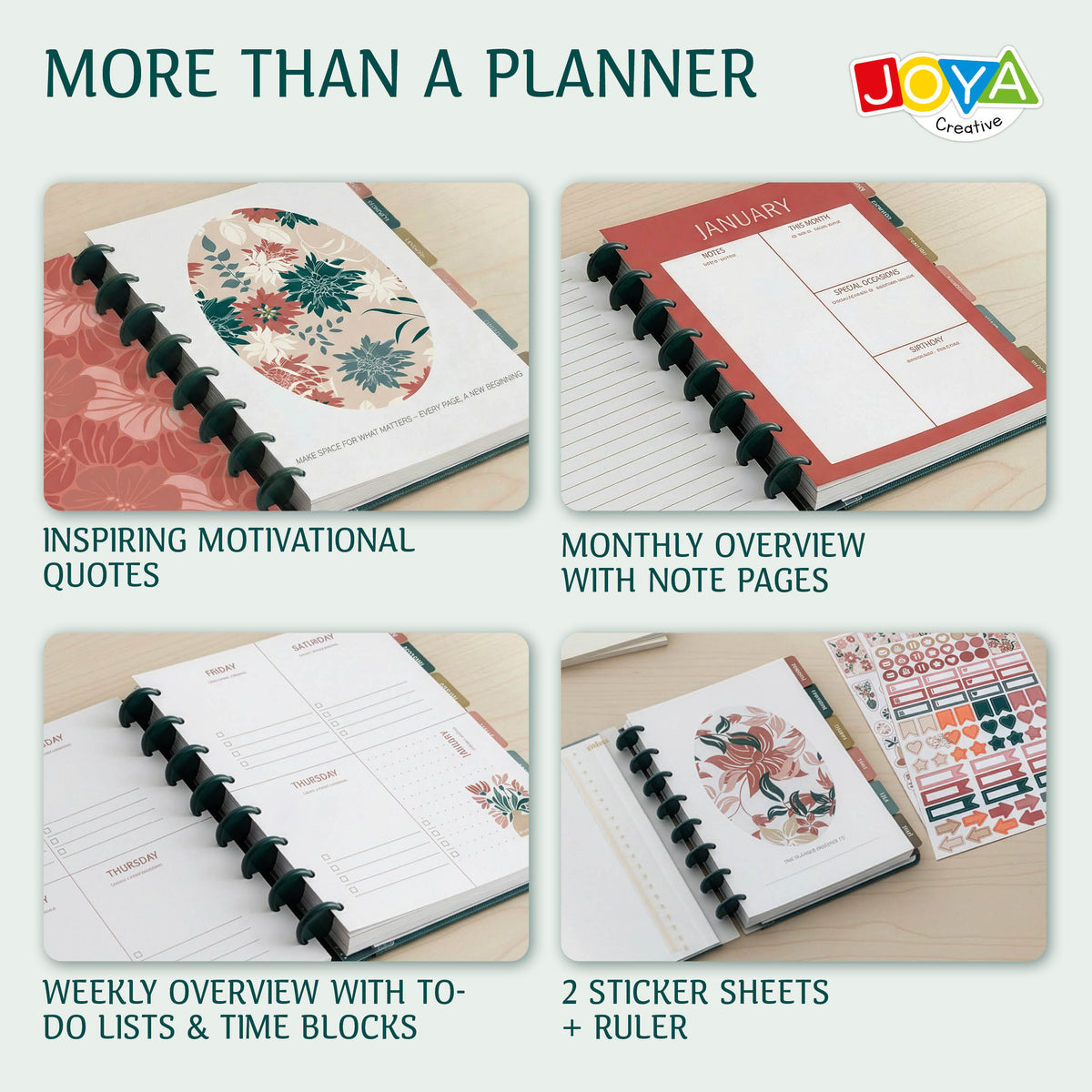 Joya Creative Luxe Planner A5 Undated – Hardcover Agenda, Ring-Bound Journal, Organizer with Stickers and Ruler