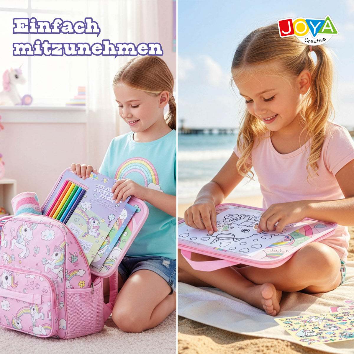 Joya Creative Einhorn Reise-Set für Mädchen – Malbuch, Sticker & Filzstifte für unterwegs und den Urlaub