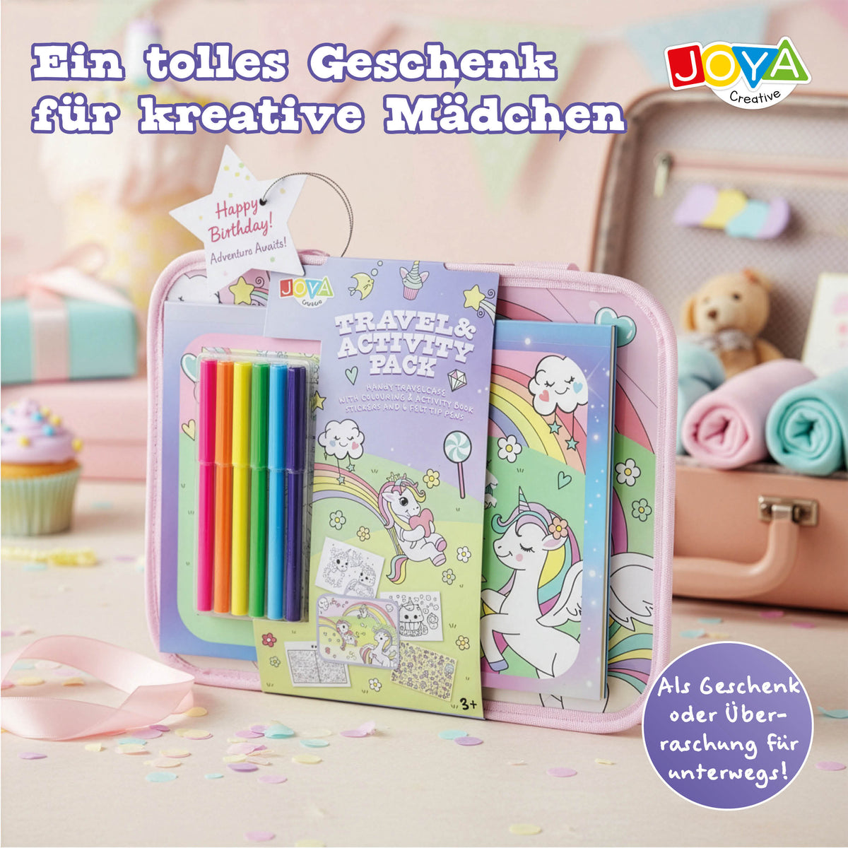 Joya Creative Einhorn Reise-Set für Mädchen – Malbuch, Sticker & Filzstifte für unterwegs und den Urlaub