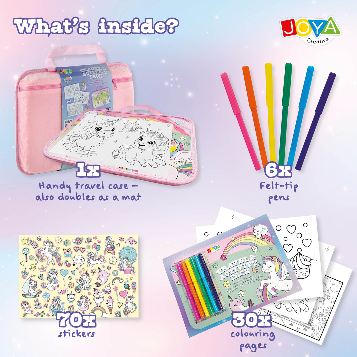 Joya Creative Unicorn Travel Toy for Girls – Coloring Book, Stickers & Felt-Tip Pens for On the Go and Holidays