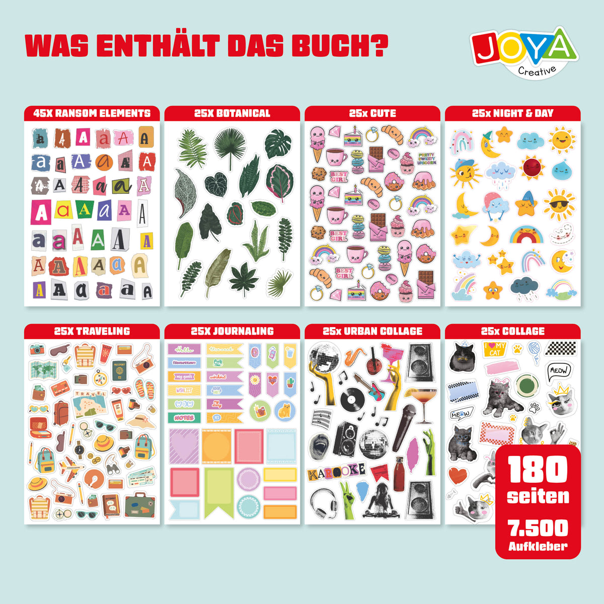 Joya Kreatives Stickerbuch XXL 8.500 Sticker – Bullet Journal, Scrapbooking & Journaling Buch mit 200 Seiten