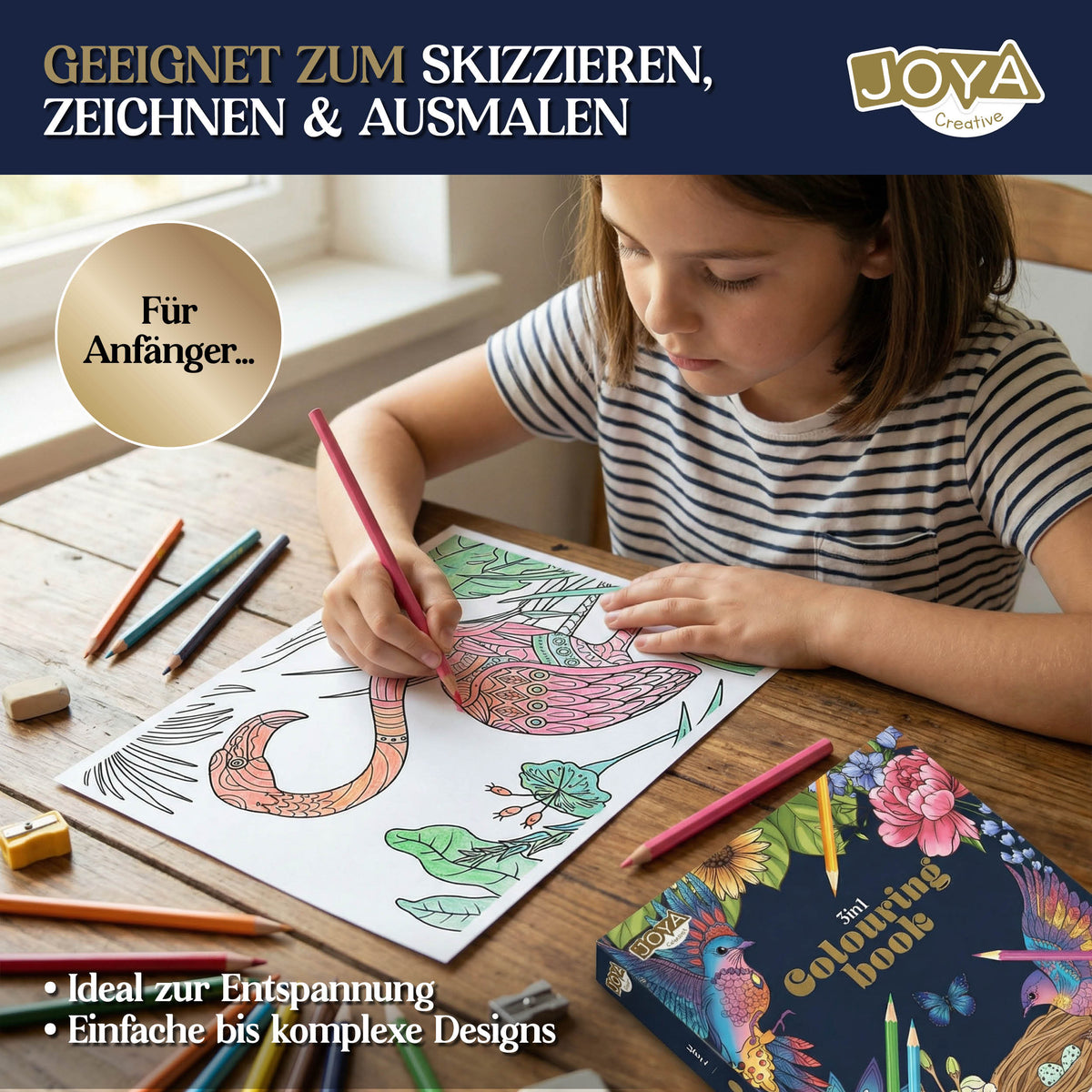 Joya Creative Luxe Malbuch für Erwachsene A4 2026 Edition – 300 Botanische, Tier- und Mandala-Malvorlagen