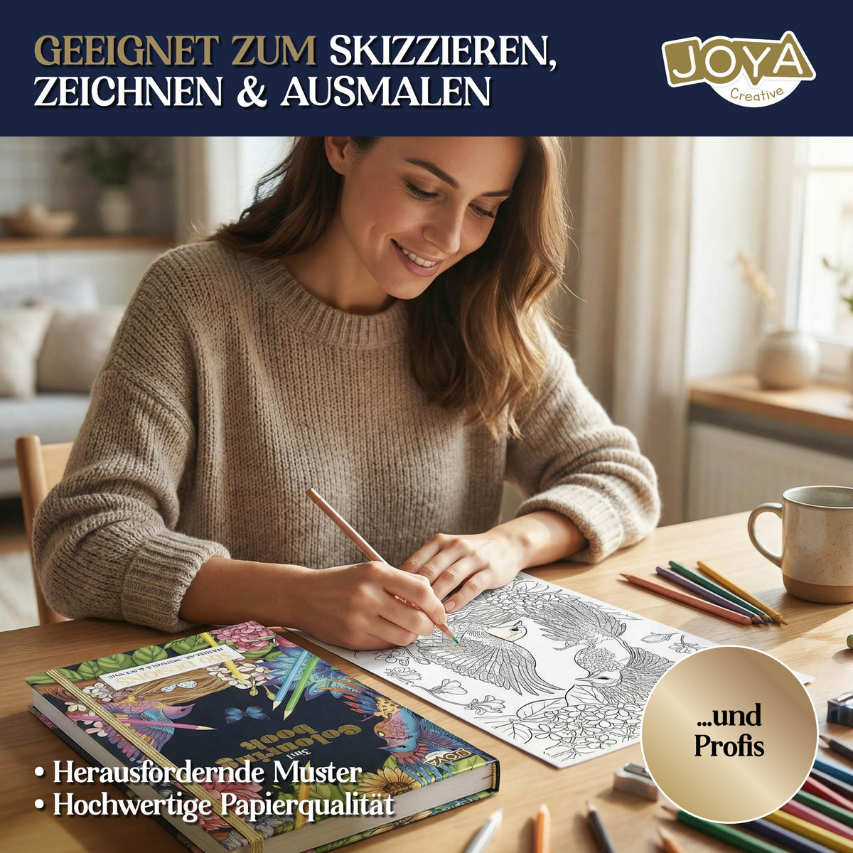 Joya Creative Luxe Malbuch für Erwachsene A4 2026 Edition – 300 Botanische, Tier- und Mandala-Malvorlagen