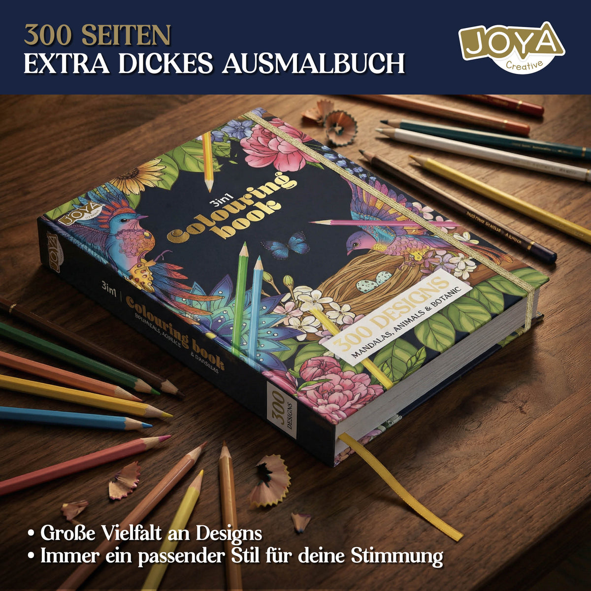Joya Creative Luxe Malbuch für Erwachsene A4 2026 Edition – 300 Botanische, Tier- und Mandala-Malvorlagen