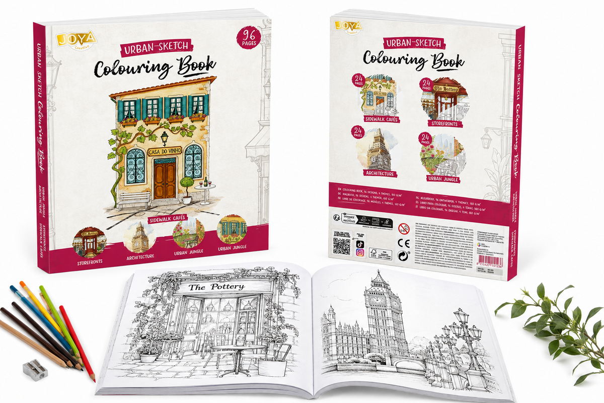 Joya Creative Urban Coloring Book for Adults – 96 Urban Sketching Designs on 300g Paper with Cozy Storefronts, Famous Architecture, Sidewalk Cafés & Urban Jungle