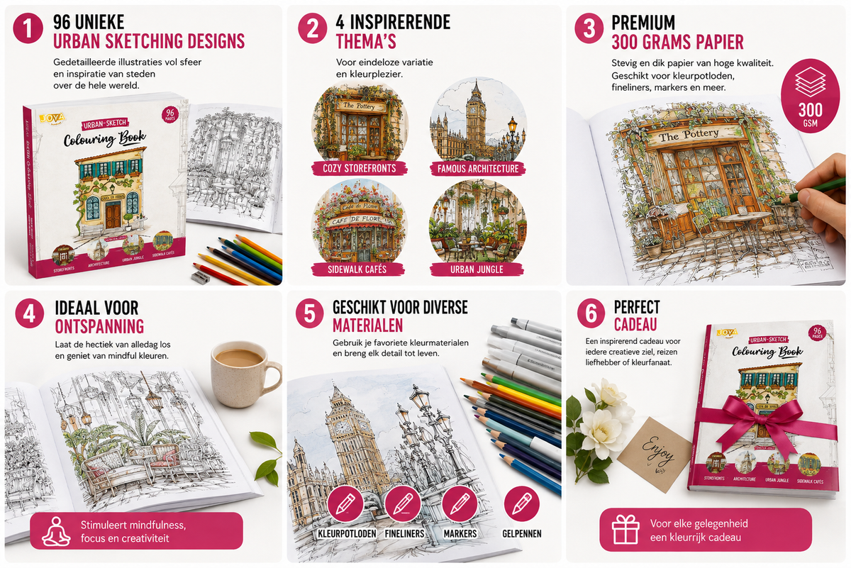 Joya Creative Urban Coloring Book for Adults – 96 Urban Sketching Designs on 300g Paper with Cozy Storefronts, Famous Architecture, Sidewalk Cafés & Urban Jungle
