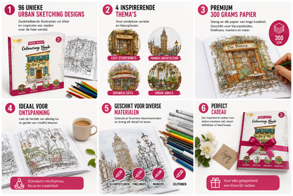 Joya Creative Urban Coloring Book for Adults – 96 Urban Sketching Designs on 300g Paper with Cozy Storefronts, Famous Architecture, Sidewalk Cafés & Urban Jungle