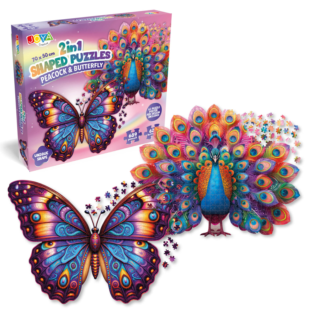 Joya Creative Jigsaw Puzzle Animals 2in1 - Peacock & Butterfly - Puzzle for Adults - 689 and 626 Pieces - Size 70x50 cm