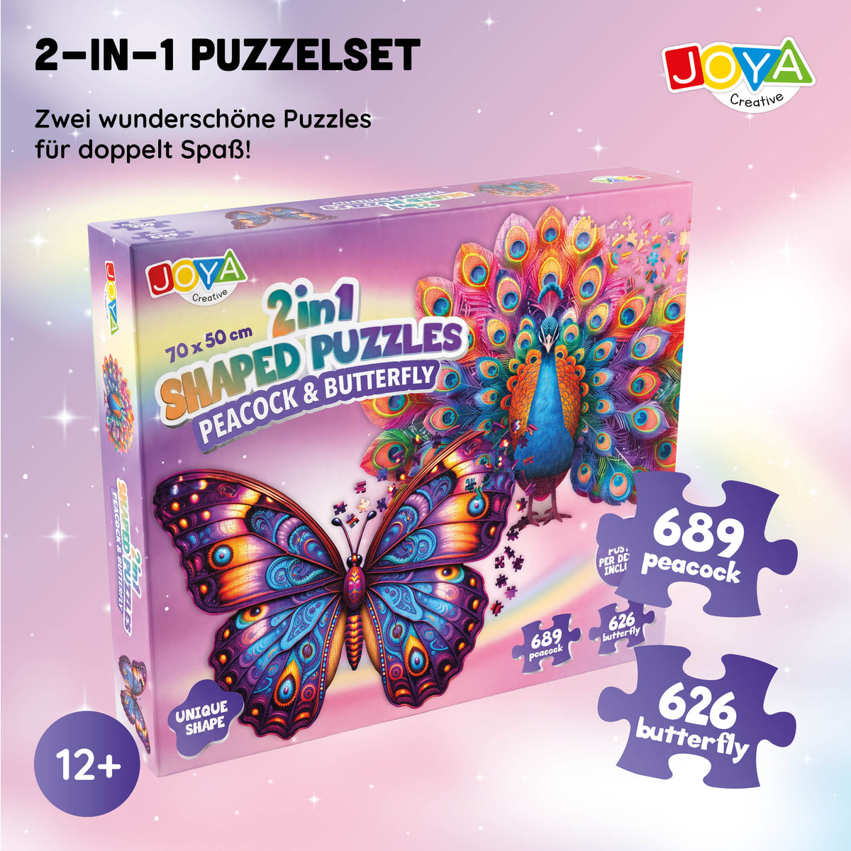 Joya Creative Puzzle Tiere 2-in-1 - Pfau & Schmetterling - Puzzle für Erwachsene - 689 und 626 Teile - Format 70x50 cm