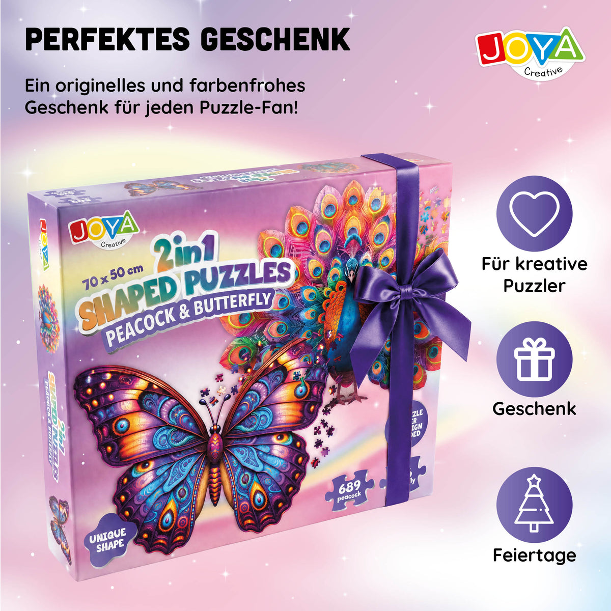 Joya Creative Puzzle Tiere 2-in-1 - Pfau & Schmetterling - Puzzle für Erwachsene - 689 und 626 Teile - Format 70x50 cm