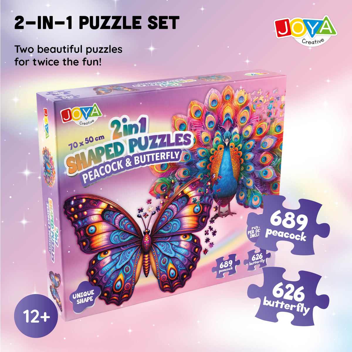 Joya Creative Jigsaw Puzzle Animals 2in1 - Peacock & Butterfly - Puzzle for Adults - 689 and 626 Pieces - Size 70x50 cm