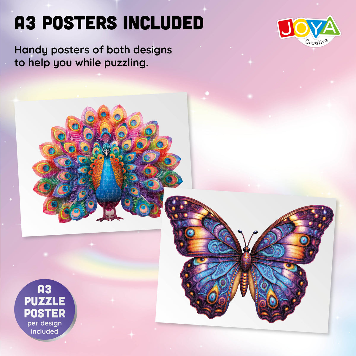 Joya Creative Jigsaw Puzzle Animals 2in1 - Peacock & Butterfly - Puzzle for Adults - 689 and 626 Pieces - Size 70x50 cm
