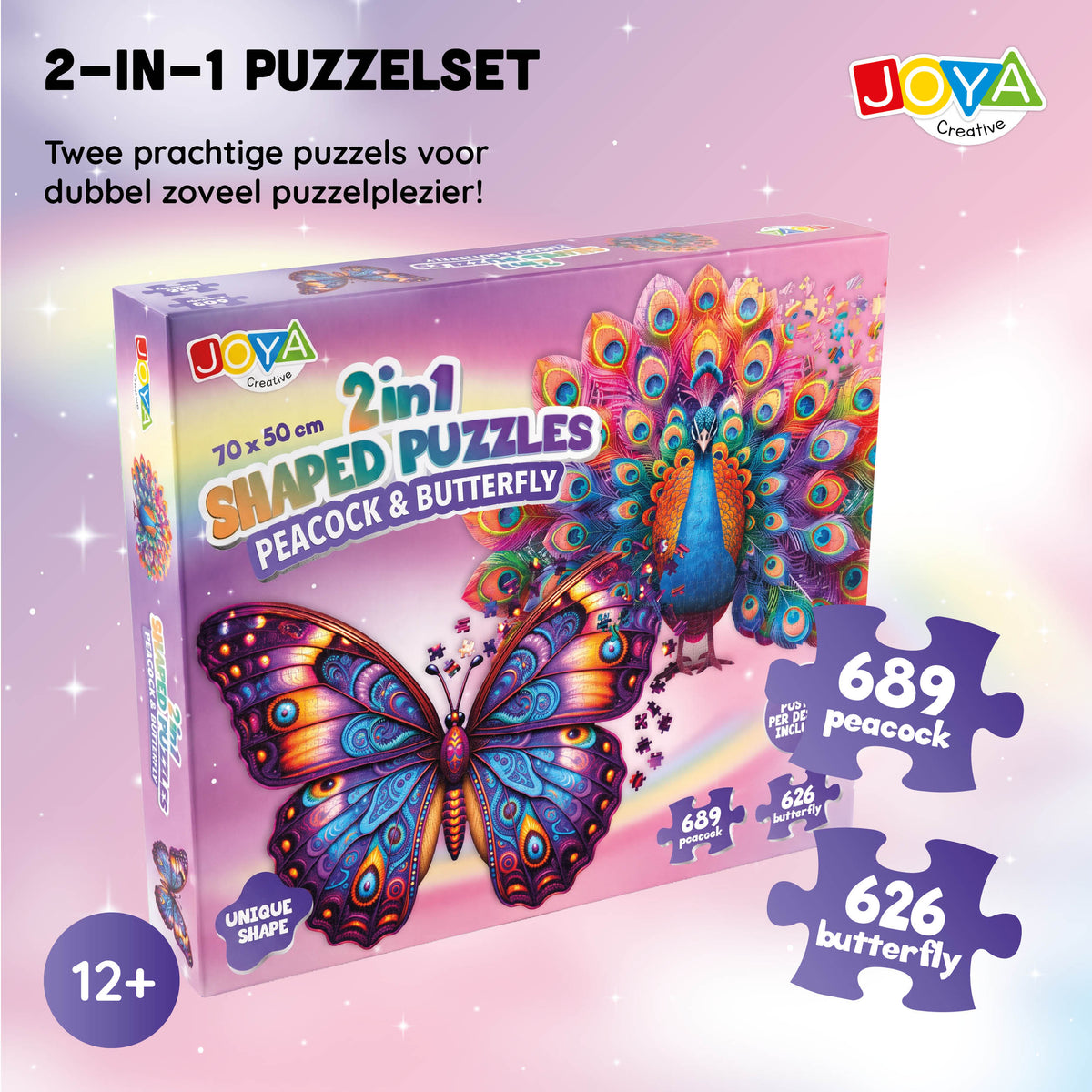 Joya Creative Puzzle de animales 2 en 1 - Pavo real y mariposa - Puzzle para adultos - 689 y 626 piezas - Formato 70x50 cm