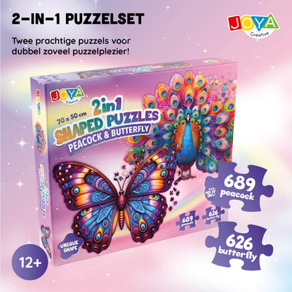 Joya Creative Puzzle de animales 2 en 1 - Pavo real y mariposa - Puzzle para adultos - 689 y 626 piezas - Formato 70x50 cm
