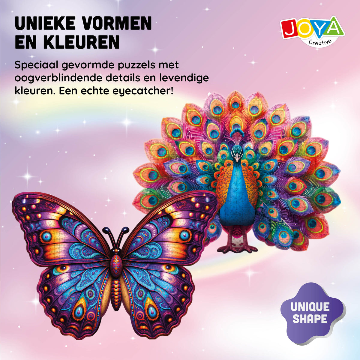 Joya Creative Puzzle de animales 2 en 1 - Pavo real y mariposa - Puzzle para adultos - 689 y 626 piezas - Formato 70x50 cm