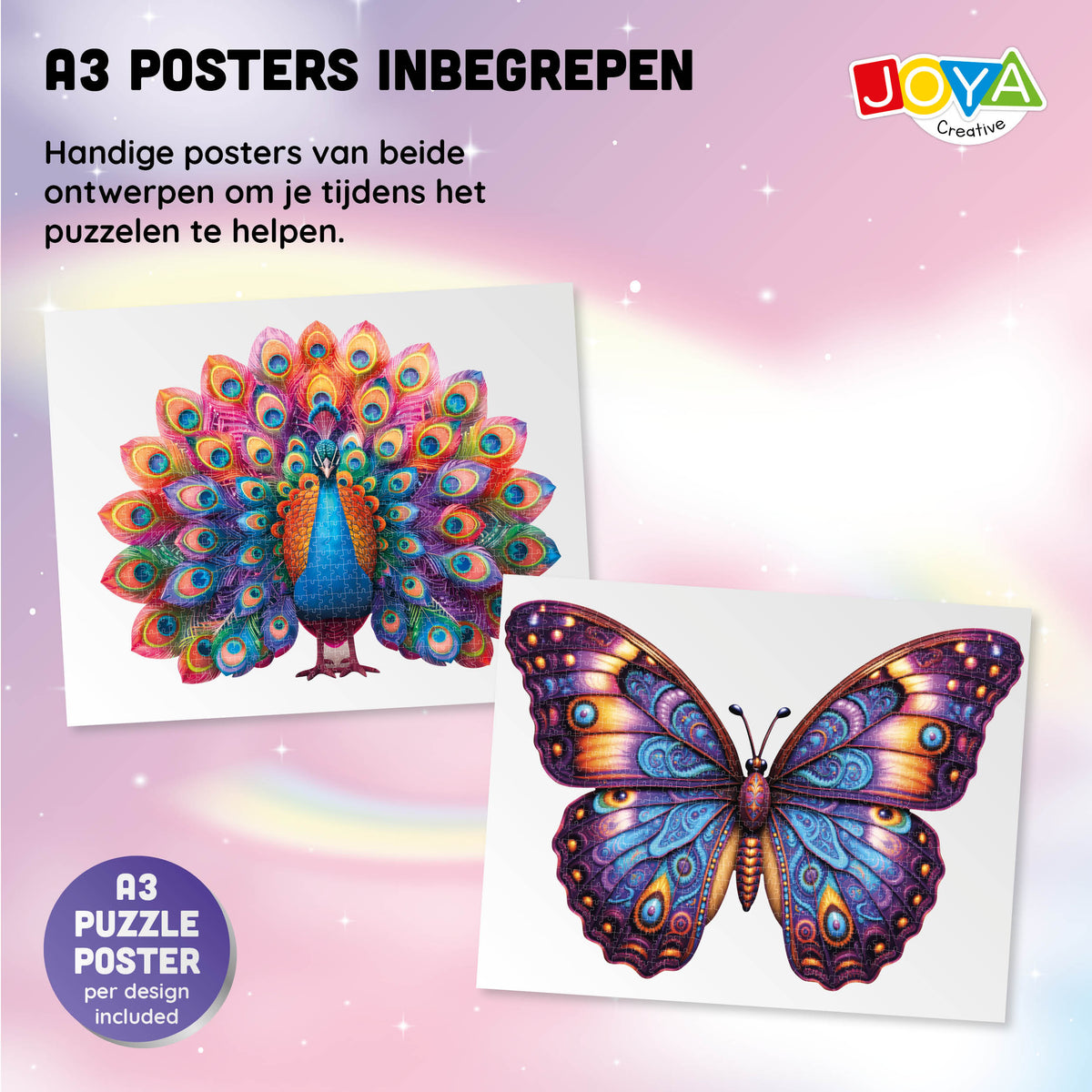 Joya Creative Puzzle de animales 2 en 1 - Pavo real y mariposa - Puzzle para adultos - 689 y 626 piezas - Formato 70x50 cm