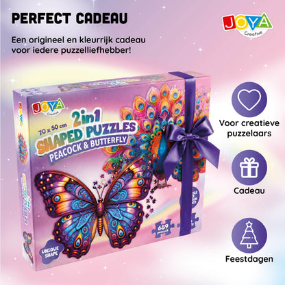 Joya Creative Puzzle de animales 2 en 1 - Pavo real y mariposa - Puzzle para adultos - 689 y 626 piezas - Formato 70x50 cm
