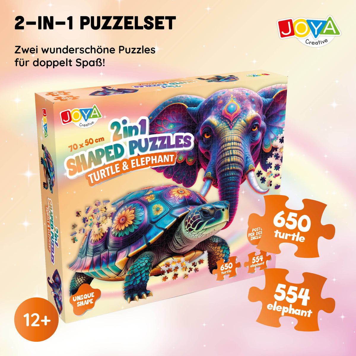 Joya Kreativ-Puzzle Schildkröte & Elefant 2-in-1 – 650 & 554 Teile | Premium Tier-Puzzle für Erwachsene 70 x 50 cm