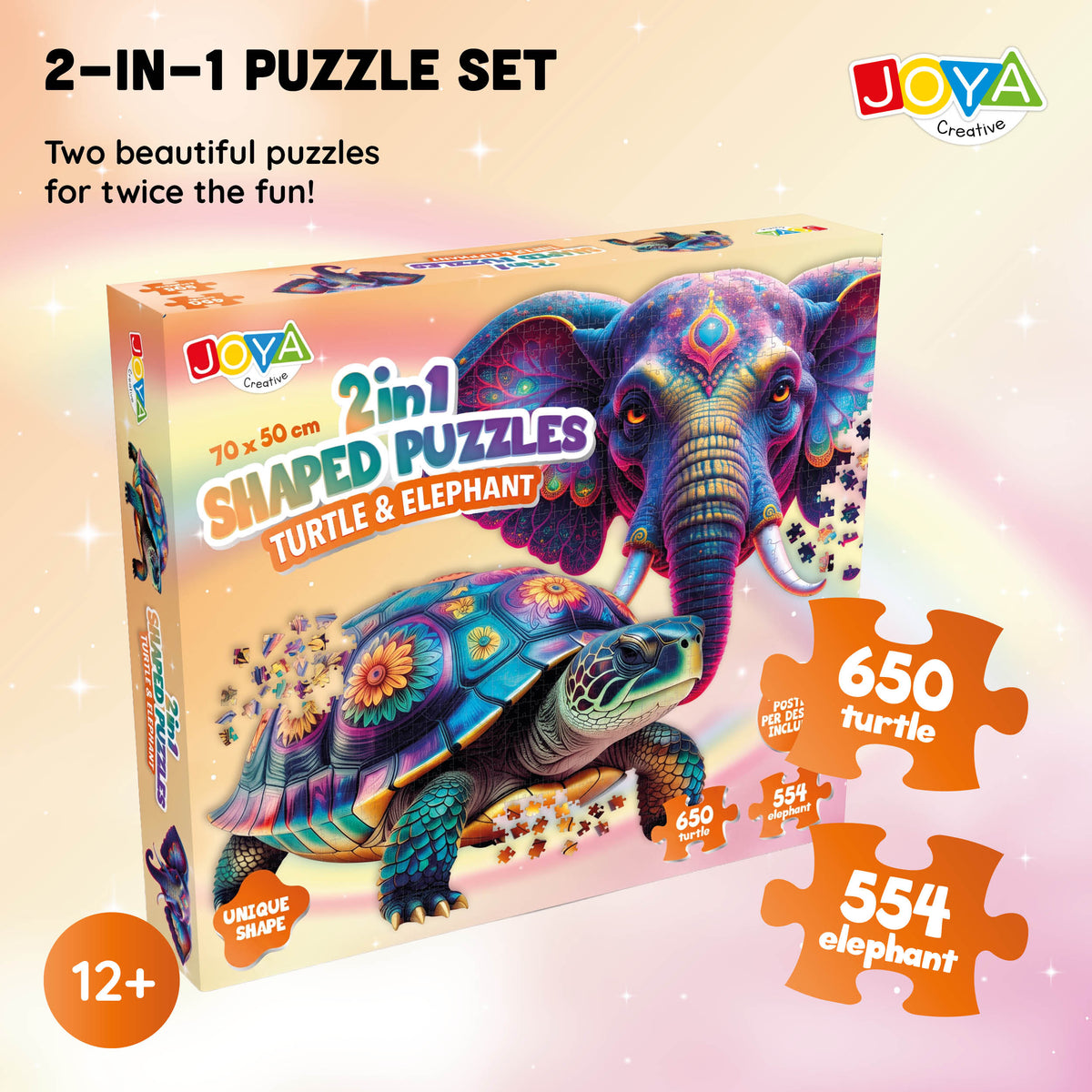 Joya Creative Jigsaw Puzzle Turtle & Elephant 2-in-1 – 650 & 554 Pieces | Premium Animal Puzzle for Adults 70 x 50 cm
