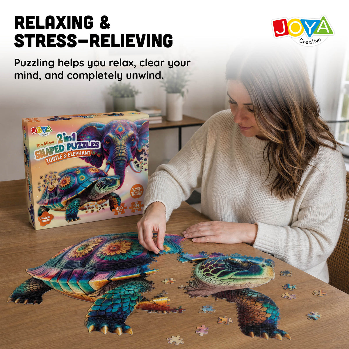 Joya Creative Jigsaw Puzzle Turtle & Elephant 2-in-1 – 650 & 554 Pieces | Premium Animal Puzzle for Adults 70 x 50 cm