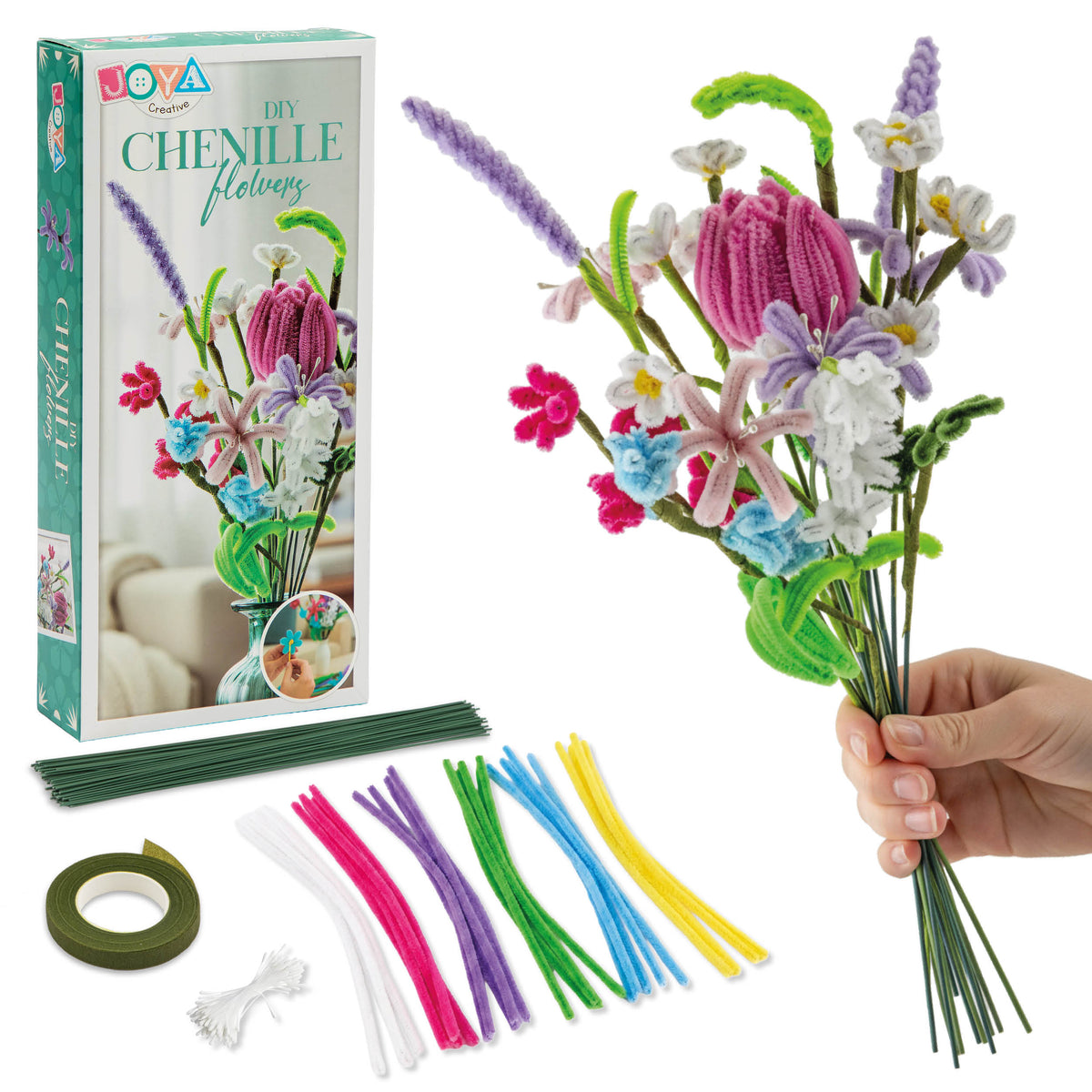 Joya Creative Chenille Flowers DIY Set - Pipe Cleaners Flower Making Craft Kit with 6 Colors Chenille Yarn