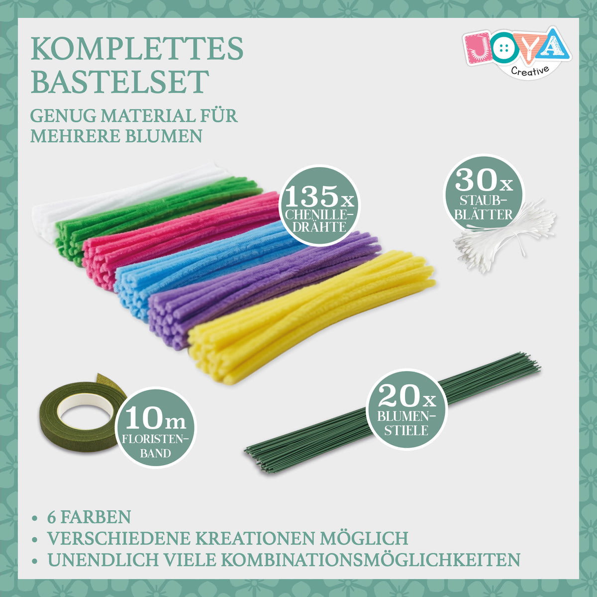 Joya Creative Chenille Blumen DIY Set – Pfeifenreiniger Blumen basteln Bastelset mit 6 Farben Chenilledraht