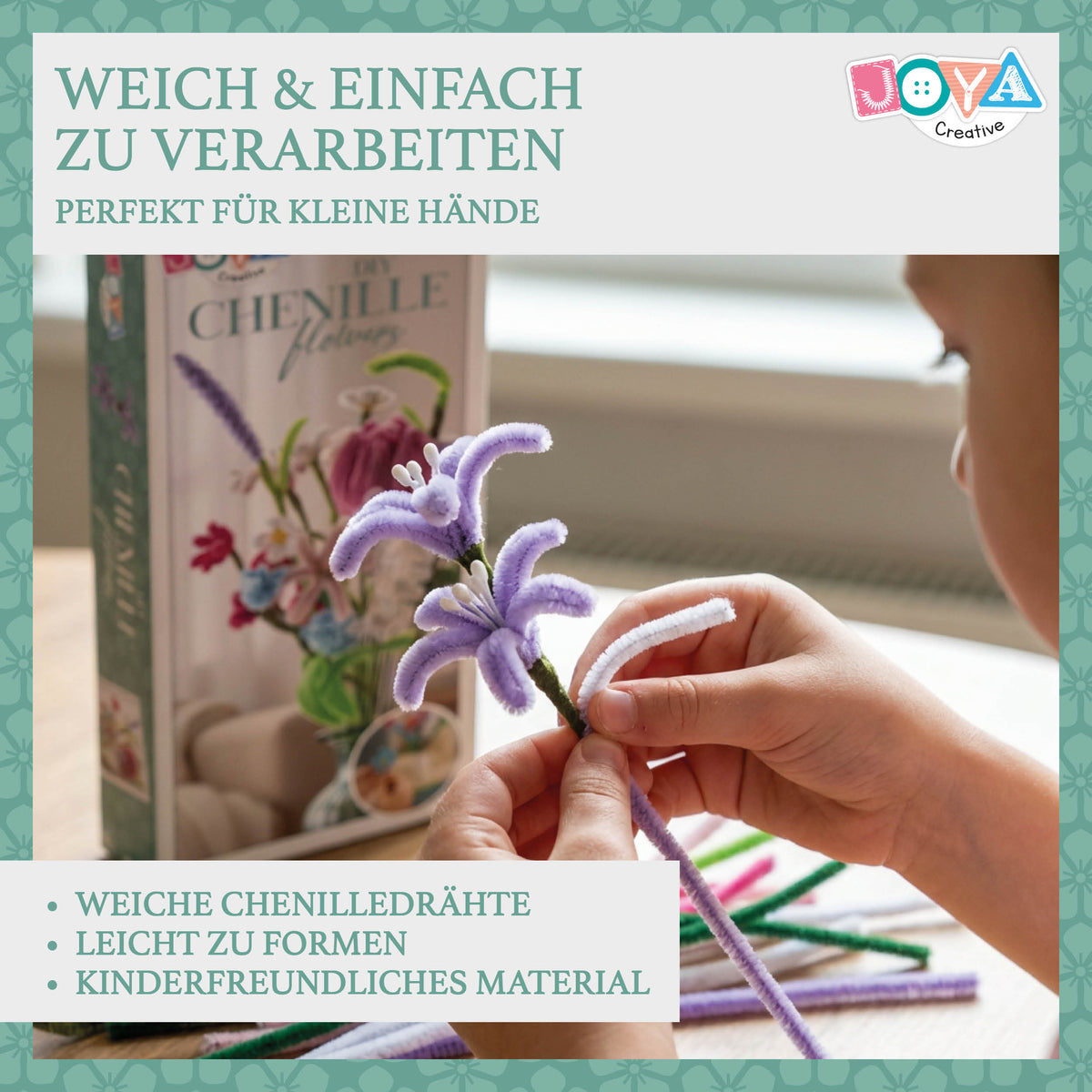 Joya Creative Chenille Blumen DIY Set – Pfeifenreiniger Blumen basteln Bastelset mit 6 Farben Chenilledraht