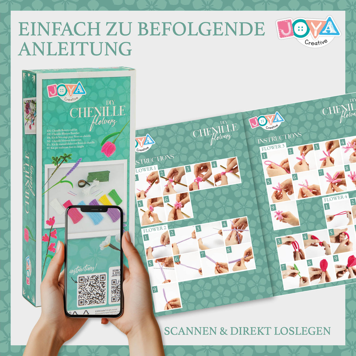 Joya Creative Chenille Blumen DIY Set – Pfeifenreiniger Blumen basteln Bastelset mit 6 Farben Chenilledraht