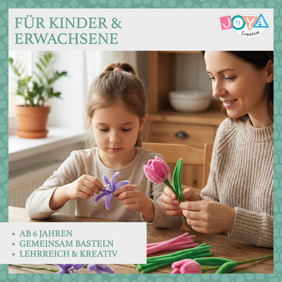 Joya Creative Chenille Blumen DIY Set – Pfeifenreiniger Blumen basteln Bastelset mit 6 Farben Chenilledraht