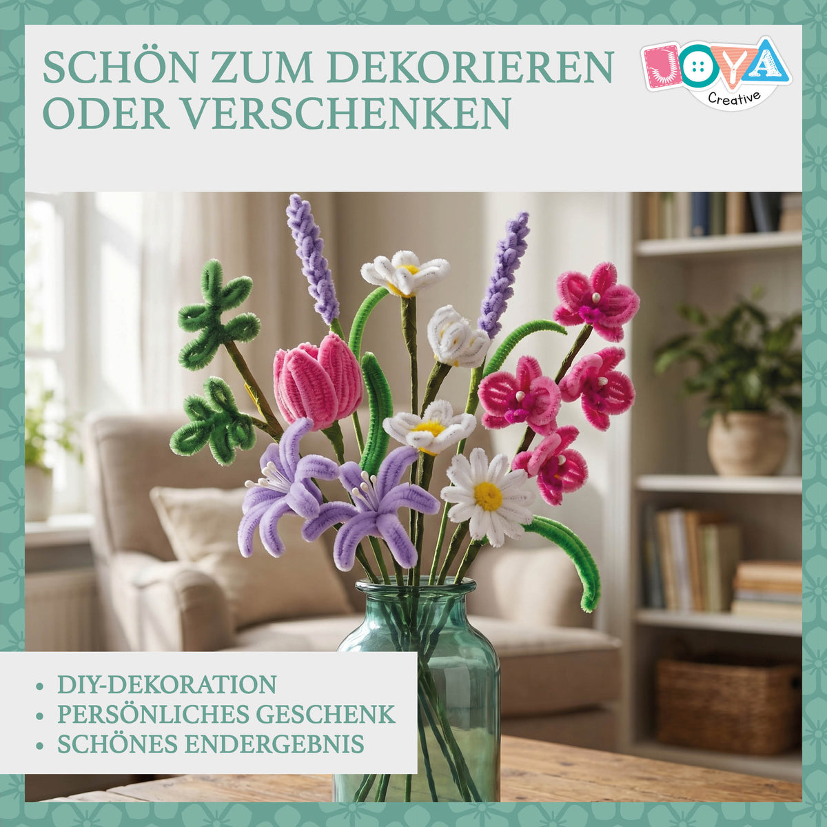 Joya Creative Chenille Blumen DIY Set – Pfeifenreiniger Blumen basteln Bastelset mit 6 Farben Chenilledraht