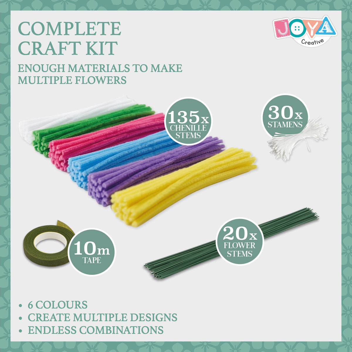 Joya Creative Chenille Flowers DIY Set - Pipe Cleaners Flower Making Craft Kit with 6 Colors Chenille Yarn