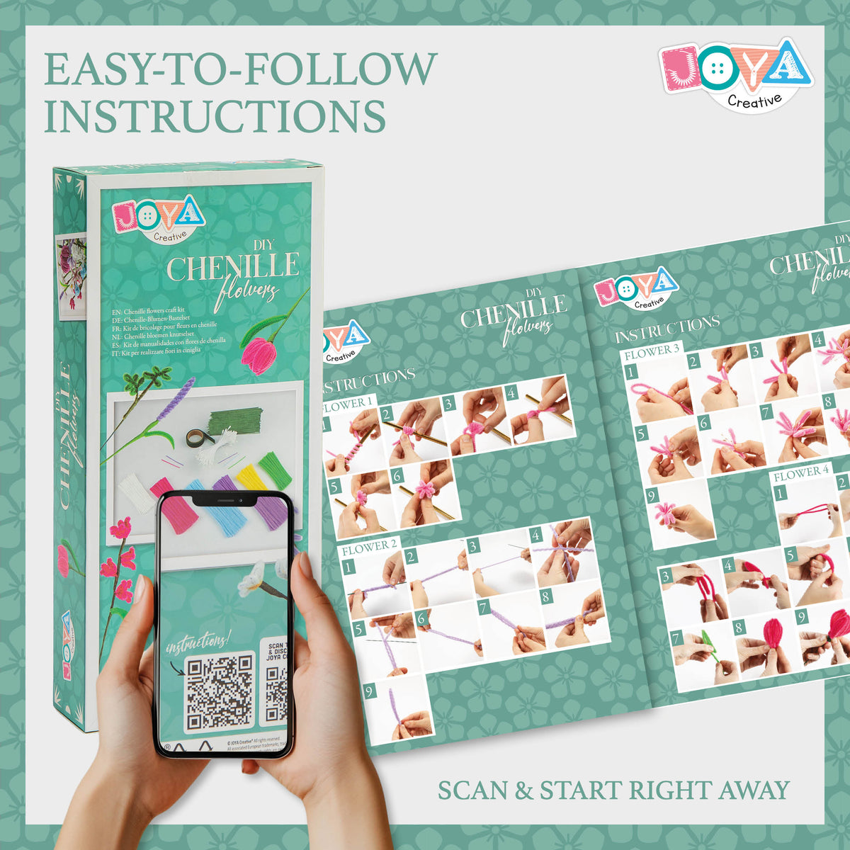 Joya Creative Chenille Flowers DIY Set - Pipe Cleaners Flower Making Craft Kit with 6 Colors Chenille Yarn