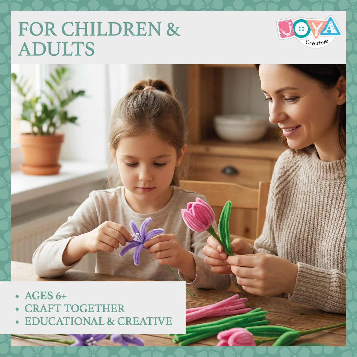 Joya Creative Chenille Flowers DIY Set - Pipe Cleaners Flower Making Craft Kit with 6 Colors Chenille Yarn