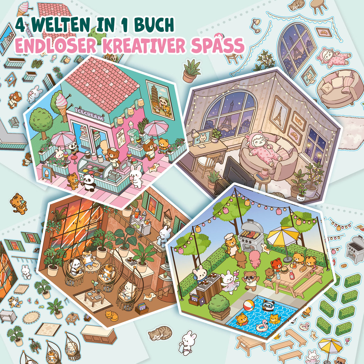Joya Creative 3D-Stickerbuch Szene 4-in-1 – Sticker-Szenenbuch mit 80 Szenen für Kinder & Erwachsene | Hardcover Ringbuch