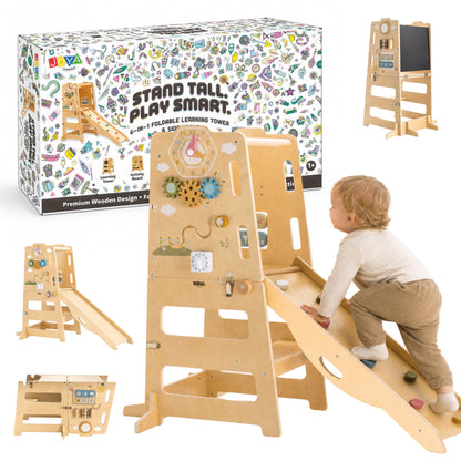 Joya Creative Torre de aprendizaje plegable 6 en 1 - Ayuda de cocina Montessori con tobogán, pared de escalada, pizarra y panel de actividades