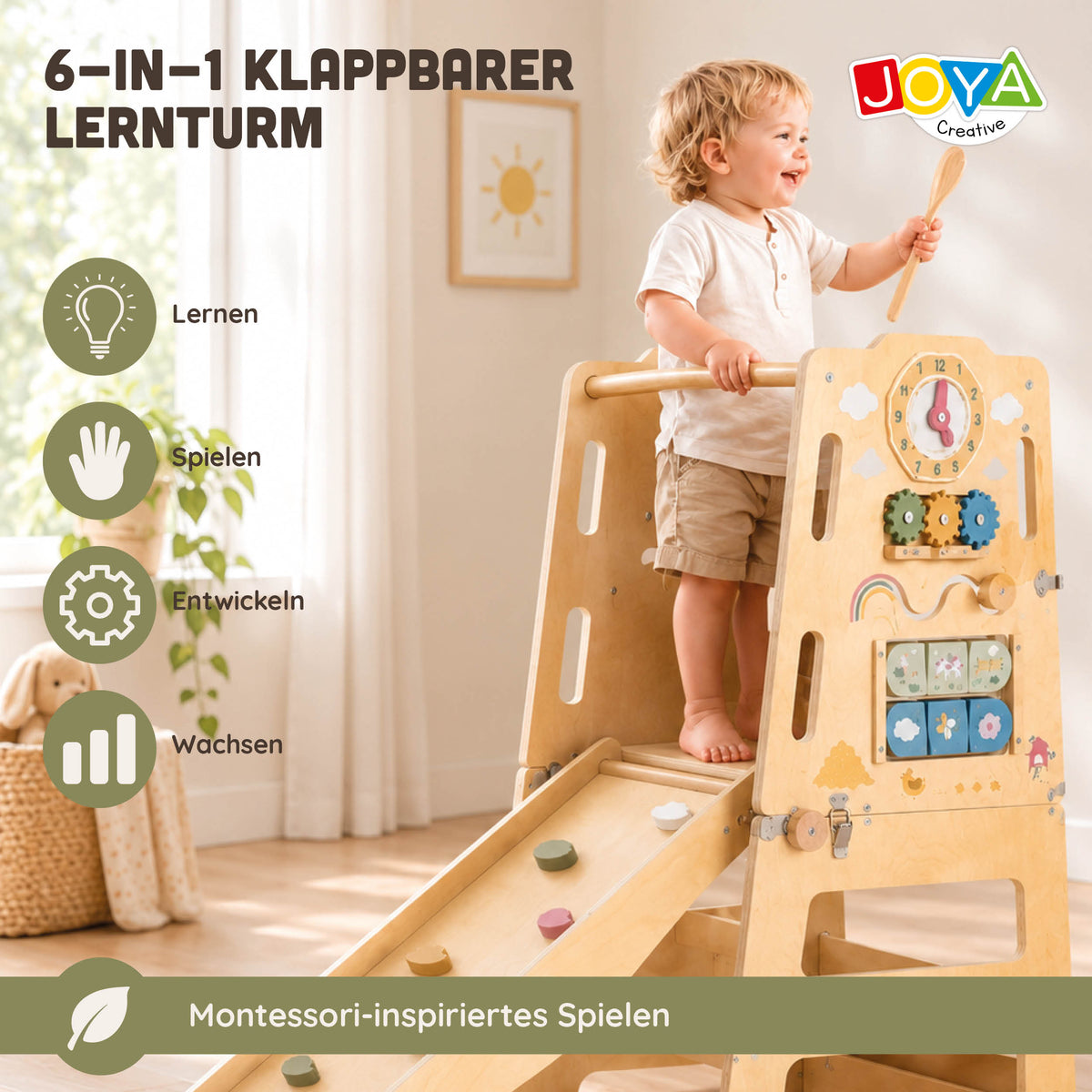Joya Kreativer Lernturm 6-in-1 Klappbar – Montessori Küchenhelfer mit Rutsche, Kletterwand, Kreidetafel & Aktivitätstafel