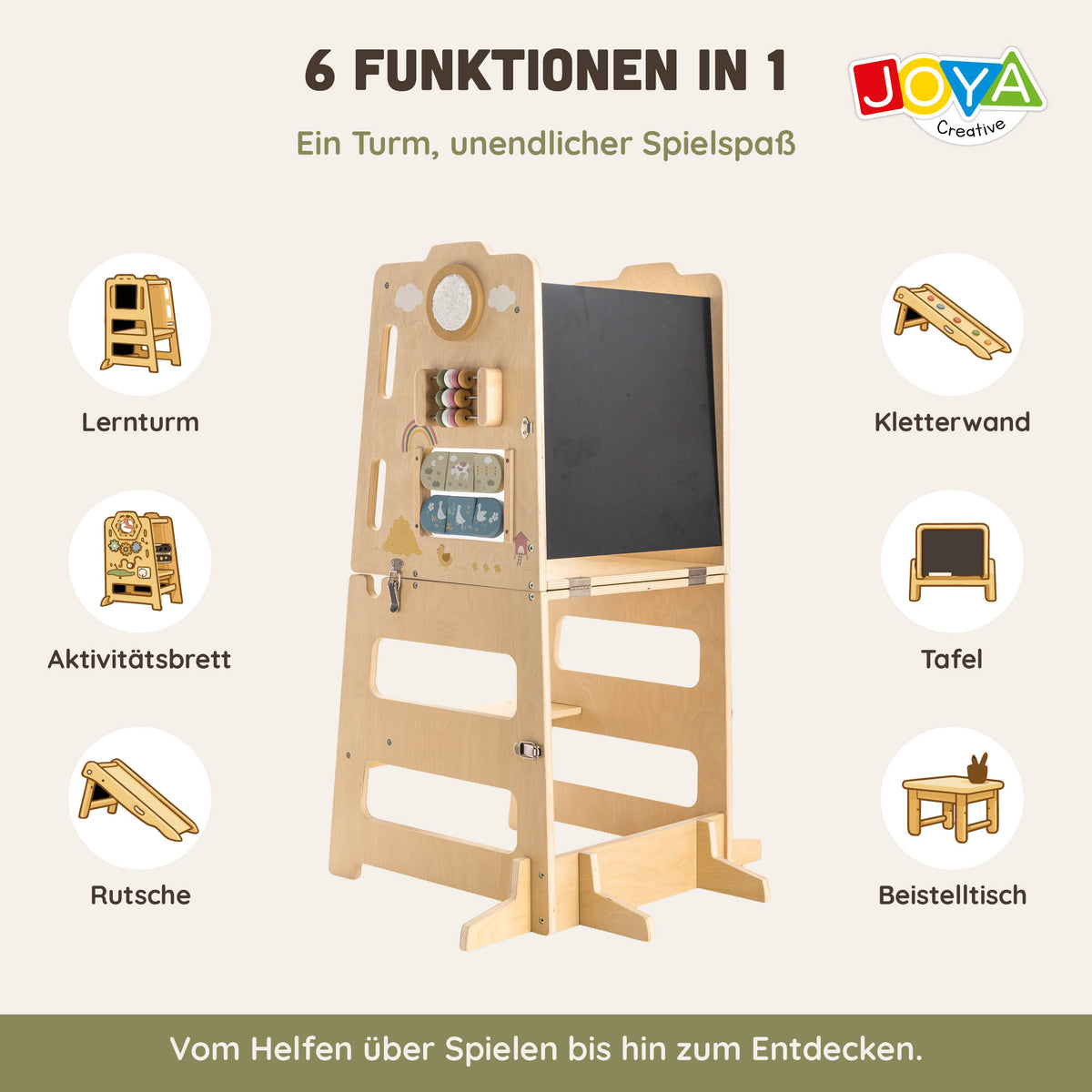 Joya Kreativer Lernturm 6-in-1 Klappbar – Montessori Küchenhelfer mit Rutsche, Kletterwand, Kreidetafel & Aktivitätstafel