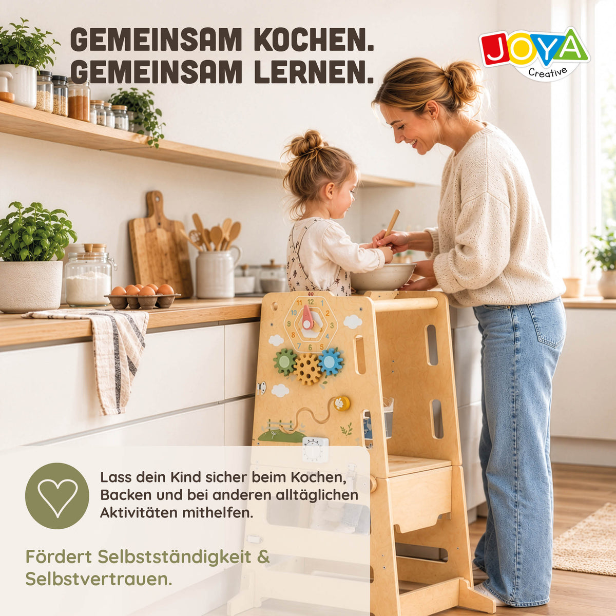 Joya Kreativer Lernturm 6-in-1 Klappbar – Montessori Küchenhelfer mit Rutsche, Kletterwand, Kreidetafel & Aktivitätstafel