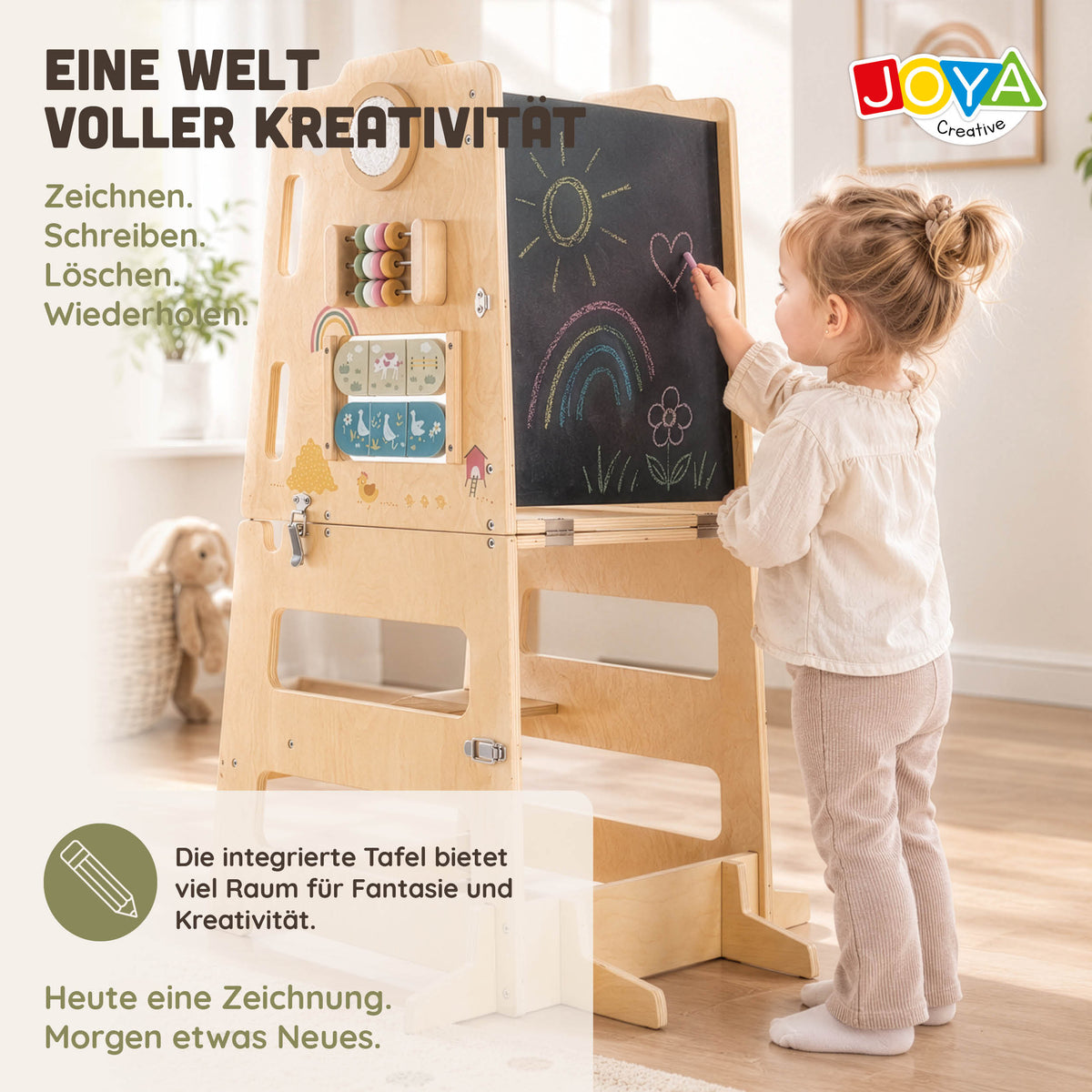 Joya Kreativer Lernturm 6-in-1 Klappbar – Montessori Küchenhelfer mit Rutsche, Kletterwand, Kreidetafel & Aktivitätstafel