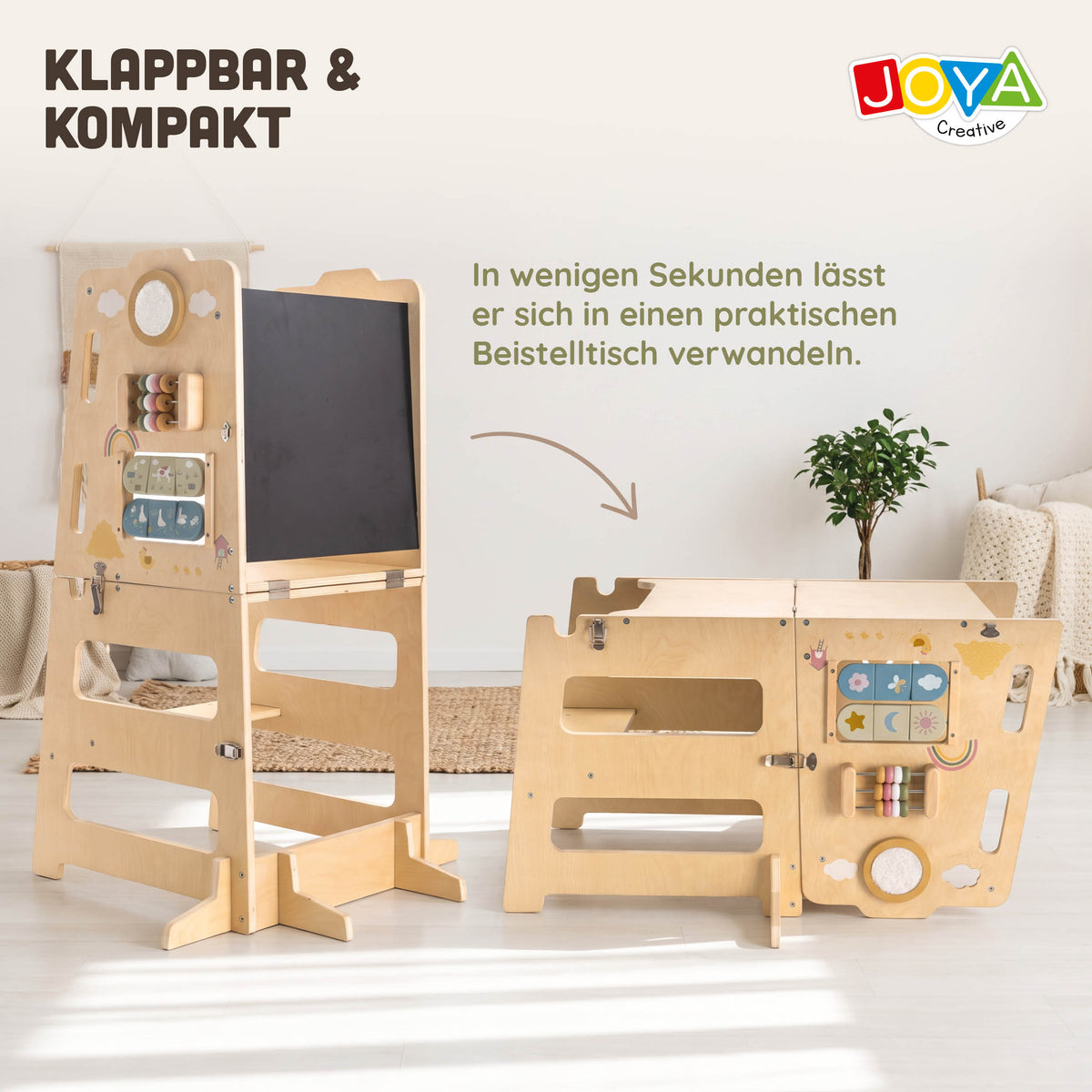 Joya Kreativer Lernturm 6-in-1 Klappbar – Montessori Küchenhelfer mit Rutsche, Kletterwand, Kreidetafel & Aktivitätstafel