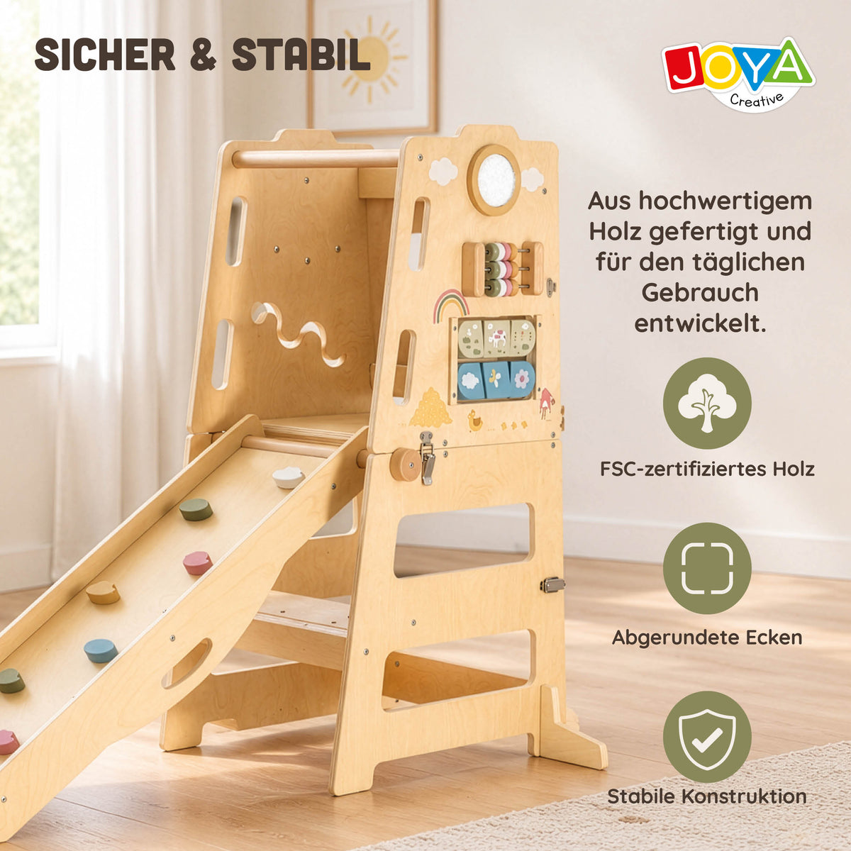 Joya Kreativer Lernturm 6-in-1 Klappbar – Montessori Küchenhelfer mit Rutsche, Kletterwand, Kreidetafel & Aktivitätstafel