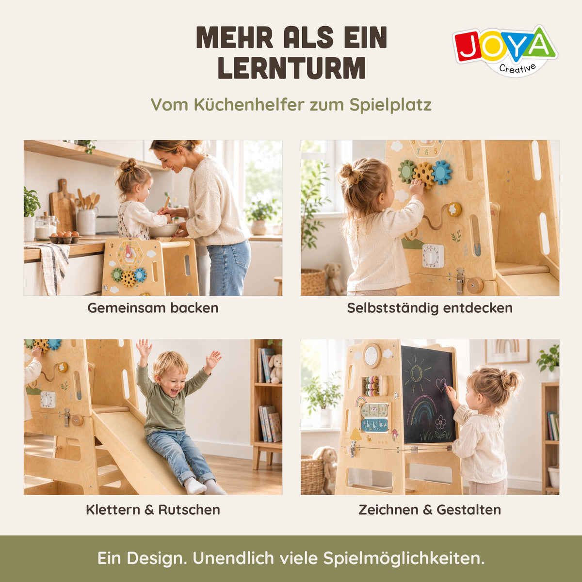 Joya Kreativer Lernturm 6-in-1 Klappbar – Montessori Küchenhelfer mit Rutsche, Kletterwand, Kreidetafel & Aktivitätstafel