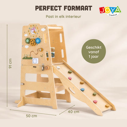 Joya Creative Torre de aprendizaje plegable 6 en 1 - Ayuda de cocina Montessori con tobogán, pared de escalada, pizarra y panel de actividades